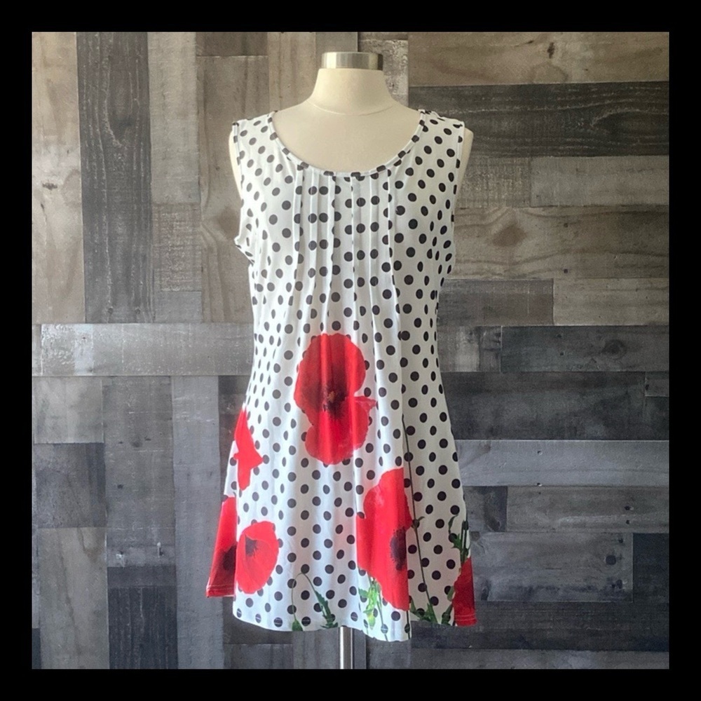 NWT! Lily sleeveless tunic dress large polkadot floral garden party coastal